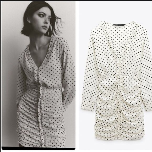 Zara White Black Polka Dot Mini Dress Ruched Draped Size XS Sexy - Picture 1 of 16